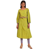 W For Woman Solid Cotton Round Neck Women's Casual Wear Kurta (Green,Large)