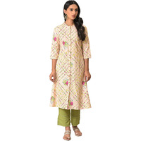 W Light Orange Floral Printed Straight Long Lace Kurta For Women