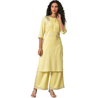 W For Woman Yellow Embroidered Summer Kurta With Pleats On Yoke_23Few18934-218039_Xl_14