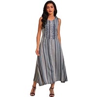 W For Woman Women's Viscose Blue Yarn Dyed Stripe Printed Embroidered Dress Calf Length 23Few18388-830205_Light