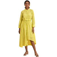 W For Woman Women's Cotton Green Gathered Shirt Collar Dress Calf Length (23Few18705-312376_Celery 14)