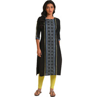 W Black Geometric Printed Cotton-Rayon Blend Straight Long Kurta For Women