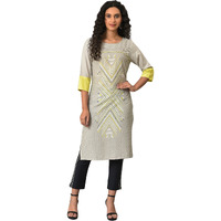 W For Woman Women Viscose Regular Fit Grey Placement Print Plus Size Straight Kurta_23Few18715G-120128_5Xl