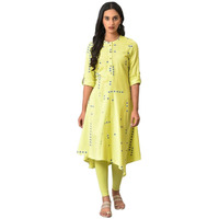 W For Woman Celery Green Asymmetric Kurta In Geometric Print_23Few18952-120114_M