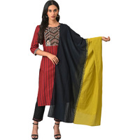 W For Woman Women Silk Green And Black Colour Block Dupatta, Free Size