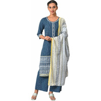 Aurelia Geometric Printed Cotton Navy Kurta Dupatta Bottomwear Set For Women