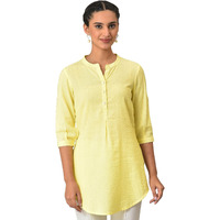 Aurelia Yellow Textured Cotton-Rayon Blend Regular Kurti For Women