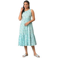 Aurelia Women's Floral Printed Midi Blue Cotton Dress