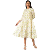 W For Woman Ecru Cotton Flared Dress With Multicoloured Floreal Print_23Few19432-121139_S