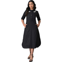 W For Woman Women's Black Cotton Embroidered Shirt Dress Calf Length 23Few19305-219033