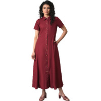 W Dark Red Solid Cotton A-Line Dress For Women