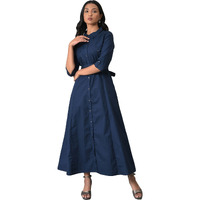 W Dark Blue Solid Cotton Shirt Dress For Women