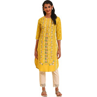 W Yellow Floral Printed Cotton Regular Glitter Lace Kurta For Women