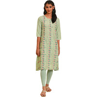 W For Woman Women's Cotton Floral Regular Kurta (23Few18649-120046_Cameo Green_8)