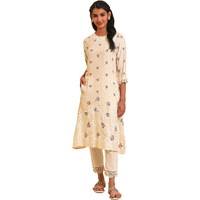 W For Woman Ecru Glitter Floral Print Mix Kurta_23Few18660-120030_L