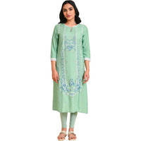 W For Woman Light Green Glitter Printed Straight Kurta_23Few18662-120047_Xs