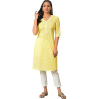 Yellow Floral Printed V-Neck Kurta