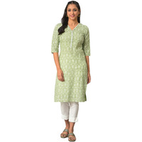 Aurelia Women's Floral Printed Printed Regular Green Cotton Kurta