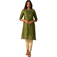 W For Woman Olive Green Printed Straight Kurta In Lustrous Satin_23Maf11070-910974_L