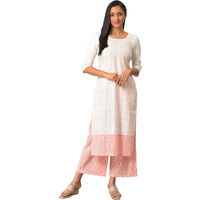 Off-White Floral Printed Kurta With Coral Palazzo
