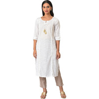 Aurelia White Self-Design Cotton Straight Long Kurta For Women