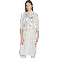 Aurelia Women's Cotton Regular White Embroidered Straight Kurta (23Fea13851-605283