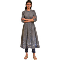 W For Woman Grey Flared Printed Kurta (Size: S)-23Few19285-120879
