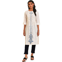 W For Woman White Placement Print Dobby Kurta (Size: S)-23Few19300-120849