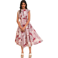 W For Woman Women's Cotton Red Abstract Printed Flared Vacay Dress Ankle Length 23Few18769-120826 Bud