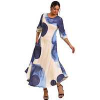 W For Woman Women's Rayon Ecru Flared Dress With Bold Blue Prints Ankle Length 23Few18772-120813