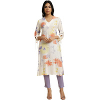 W For Woman Ecru Floral Printed Summer Straight Kurta (Size: L)-23Few19358-121022