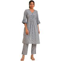 W For Woman Stripes Calf Length Cotton Woven Women's Kurta Pant Set (Blue,Small)