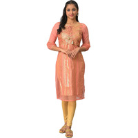 Aurelia Women's Rayon Floral Regular Peach Sequined Yoke Striped Kurta (23Fea14045-505382