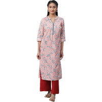 Aurelia Peach Floral Printed Printed Cotton Straight Long Kurta