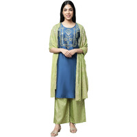 Aurelia Women's Navy Embroidered Blend Regular Kurta