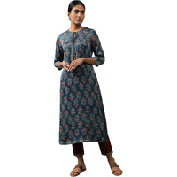 W For Woman Indigo Ajrakh Print Kurta_23Maf11328-910972_Xs
