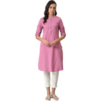 W For Woman Pink Half Placket Shirt Kurta_23Few18810-211536_Large, Women, Cotton Regular Fit, Mauve