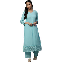 Aurelia Blue Embroidered Causal Kurta And Palazzo Co-Ord Set (Size: S)-23Fed10565-605510