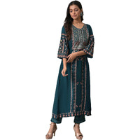 W Teal Paisley Printed Gold Khadi Women's Kurta Pant Set