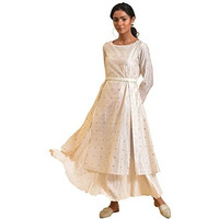 W For Woman Women's Polyester Layered Dress With Belt And Front Slit Ankle Length (23Few19704-122230_Ecru_Xs)