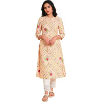 W For Woman Light Orange Floral Print Kurta Set (Size: S)-23Fews18914-120270