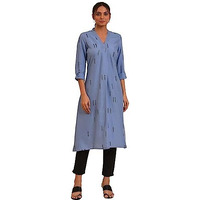 W For Woman Blue Geometric Print Kurta & Pants Set (Size: L)-23Fews18709-120118