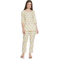 Beige Floral Print Summer Kurti Co-Ord Set