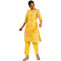 W For Woman Yellow Floral Print Kurta & Straight Pants Co-Ord Set (Size: Xs)-23Fews10025-122397