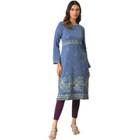 W For Woman Blue Contemporary Floral Printed Winter Kurta_22Now18414-119403P_L