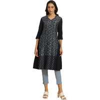 W For Woman Women's Rayon Floral Regular Kurta (23Auw19302-312889_Midnight Blue_16)