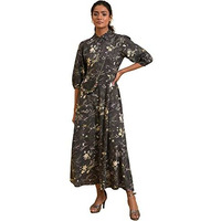 W For Woman Women's Rayon Black Printed Shirt Dress With Floral Embroidery Ankle Length (22Auw18392-810284 10)