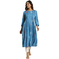 W For Woman Blue Box Pleats Kurta With Kantha Details (Size: Xs)-23Auw19911-121814