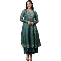W For Woman Green Layered Anakali Kurta And Slim Pant Set (Size: 2Xl)-23Auws19791-119519