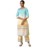 Blue Yarn-Dyed Roud Neck Kurta With Yellow Pants